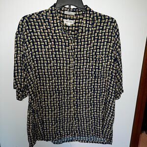 Vintage Pierre Cardin 100% Rayon Short Shirt Korea Blue Tan Geometric Mens XXL
